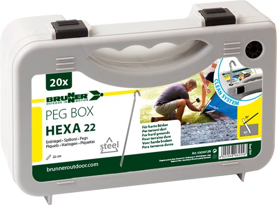 ŚLEDZIE BRUNNER SET PEG BOX HEXA 22 cm 20 szt. ZESTAW W WALIZCE