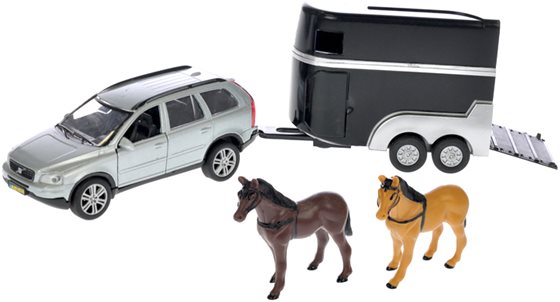 ZABAWKA "AUTO VOLVO XC90 Z PRZYCZEPĄ DO PRZEWOZU KONI + 2 KONIE 29cm