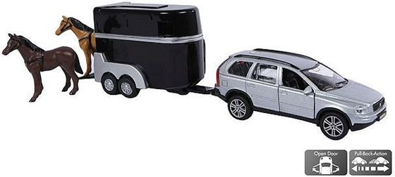 ZABAWKA "AUTO VOLVO XC90 Z PRZYCZEPĄ DO PRZEWOZU KONI + 2 KONIE 29cm