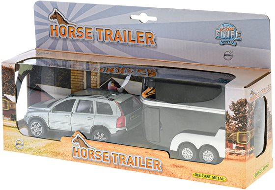ZABAWKA "AUTO VOLVO XC90 Z PRZYCZEPĄ DO PRZEWOZU KONI + 2 KONIE 29cm